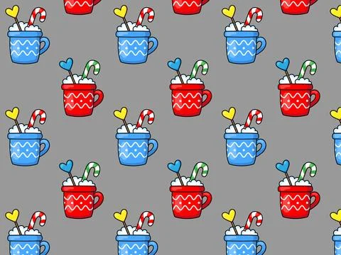 Cozy winter pattern. Cups with sweets. Hot drink. Vector illustration Stock Illustration