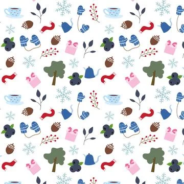 Cozy winter pattern with mittens and hot drinks Stock Illustration