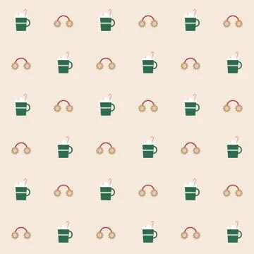 Cozy winter seamless pattern with green cocoa mugs, candy canes and Stock Illustration