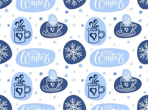 Cozy winter seamless pattern with hot drink cup, snowflake, lettering. Blue Stock-Illustration