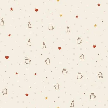 Cozy winter seamless pattern with line icons of candles, hot drink mugs, Stock Illustration