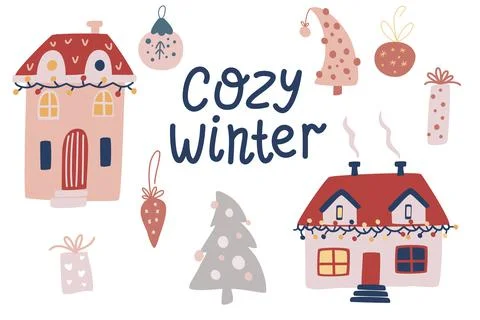 Cozy winter. Set of Christmas elements. Winter houses, gifts, toys and decora Illustrazione stock
