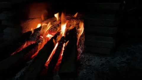 Cozy Wood Fire Burning in Rustic Brick Fireplace, Warm Flame and Charcoal a.. Stock Footage 344707198