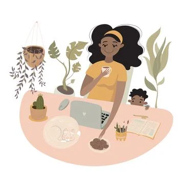 Cozy work from home with a child vector illustration Stock Illustration