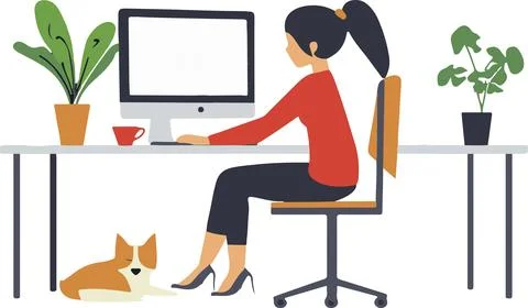 Cozy Work-From-Home Setup with Pet and Plants Illustration Stock Illustration