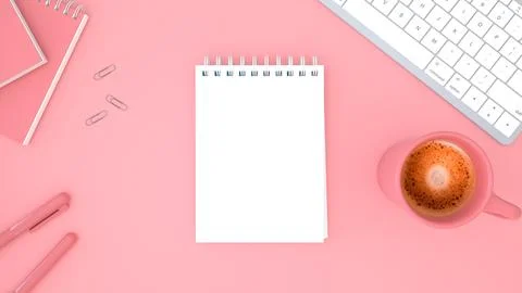 Cozy workplace with blank notepad, keyboard, cup of coffee and candle. Top .. Stock Illustration