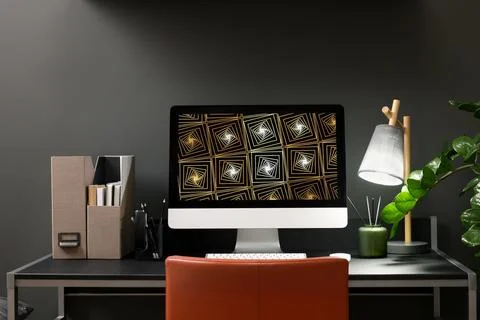 Cozy workspace with computer on metal desk at home 스톡 사진