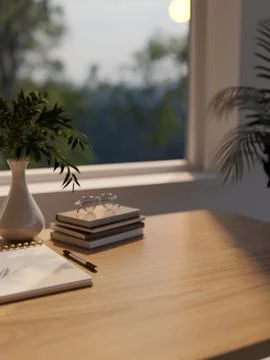 Cozy workspace desk with notebook pen glasses and plant vase near window イラスト素材