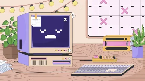 Cozy workspace desk with retro computer lofi animation cartoon wallpaper Stock Footage 306684350