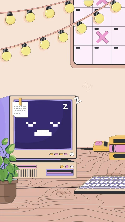 Cozy workspace desk with retro computer lofi vertical animation Stock Footage 320063183