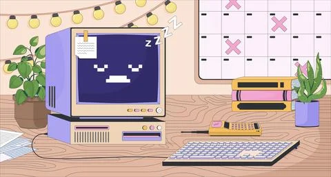 Cozy workspace desk with retro computer lofi wallpaper Illustrazione stock