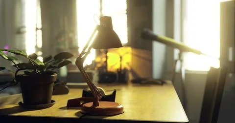 Cozy workspace with warm lighting and a plant beside a lamp Stock Illustration