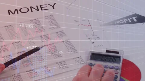 CPA hands entering, using calculator, pen pointing MONEY, showing percent Stock Footage 334315943