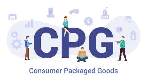 Cpg consumer packaged goods concept with big word or text and team people wit Illustrazione stock
