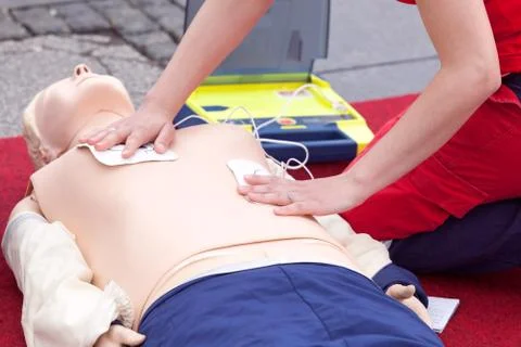 CPR course using automated external defibrillator device - AED 写真素材