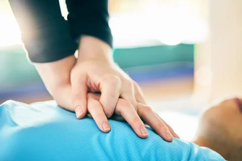 Cpr, first aid and healthcare with hands on chest of person for paramedic Stock Photos