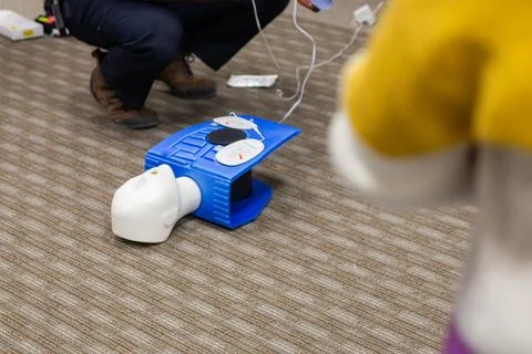 CPR training class by security guard in office Stock Photos