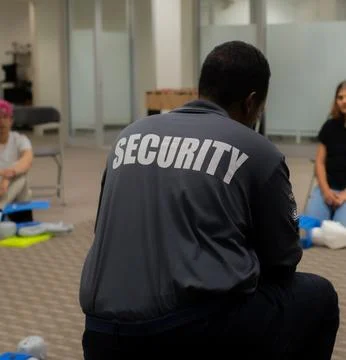CPR training class by security guard in office Stock Photos
