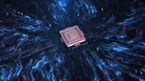 CPU 5G Circuit Board processing big data in futuristic computer Artificial Stock Footage 293056351
