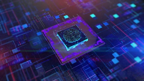 CPU and Brain Over Circuit Board Artificial Intelligence AI Concept. Future T Stock Footage 153729367