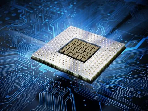 CPU with blue light on the mainboard. 3D illustration Stock Illustration