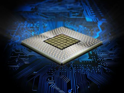 CPU with blue light on the mainboard. 3D illustration Illustrazione stock