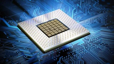 CPU with blue light on the mainboard. 3D illustration 스톡 일러스트