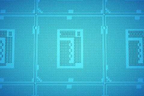 CPU blue print, thin line illustration, black outline symbol on blue background Ilustración de archivo