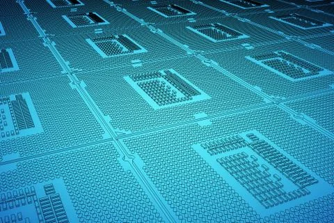 CPU blue print, thin line illustration, black outline symbol on blue background Stock Illustration