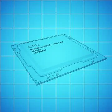 CPU blue print, thin line illustration, black outline symbol on blue background Stock Illustration