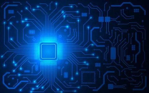 CPU chip and circuit board. Blue microprocessor. Computer motherboard 스톡 일러스트