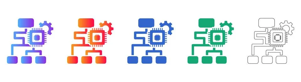 CPU Chip and Process Flow Network Icons Stockillustratie