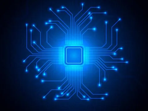 CPU chip on blue background. Microprocessor with bright connections Stock Illustration