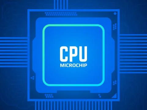 CPU chip on circuit board. Blue microprocessor and motherboard Stock-Illustration