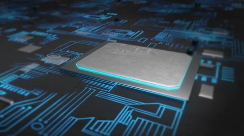 CPU chip on circuit board. Dark motherboard with central processor chip. Comp 库存插图