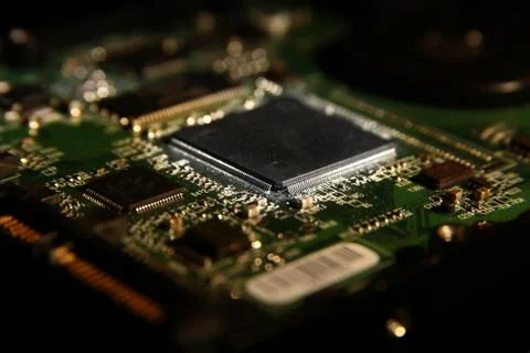 Cpu chipset on printed circuit board pcb with electronic components. close-up. Stock Photos