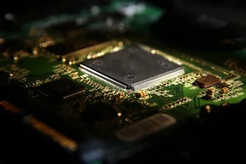 Cpu chipset on printed circuit board pcb with electronic components. close-up. Stock Photos