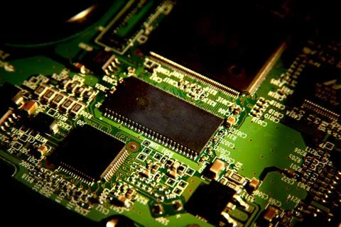 Cpu chipset on printed circuit board pcb with electronic components. close-up. Stock Photos