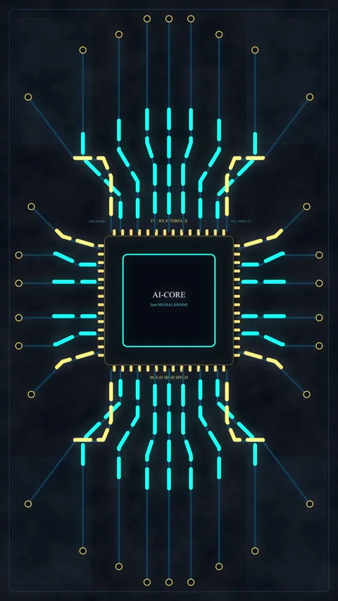 CPU circuit board motion graphic with glowing blue lines and yellow nodes 스톡 동영상 346634347