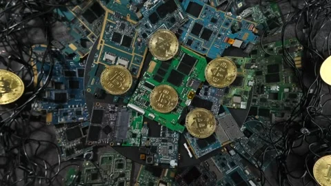 CPU circuit boards with gold BTC Bitcoin coins background Stock Footage 270452861