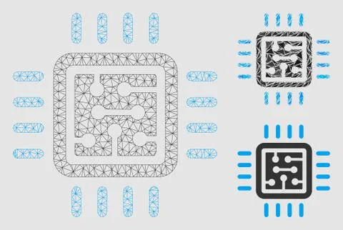 CPU Circuit Vector Mesh Wire Frame Model and Triangle Mosaic Icon Stock Illustration