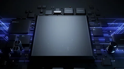 CPU with computational traffic effect. microelectronics technology concept Video stock 228605576