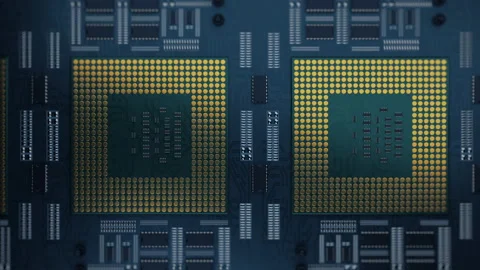 CPU computer circuit 3D Render animation. Motherboard component closeup Stock Footage 154272585