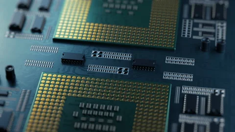 CPU computer circuit 3D Render animation. Motherboard component Stock Footage 154273088