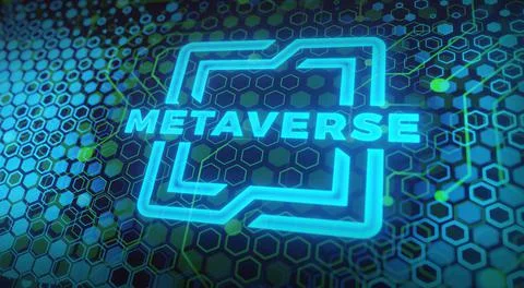 CPU on computer motherboard background with glowing text labeled as Metaverse Stock Illustration
