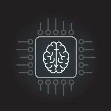 Cpu computer outline chip sign icon with brain Stock Illustration