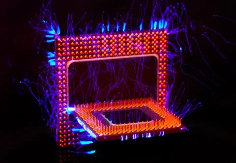 CPU, computer processor with blue lightning effect. 写真素材