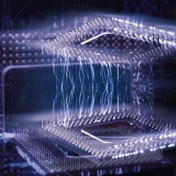 CPU, computer processor with blue lightning effect. Stock Photos