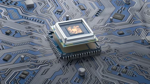CPU computer processor on circuit board data processing and AI Stock Footage 291593831