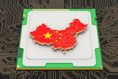 CPU computer processor unit with flag of China, 3D rendering Stock Illustration